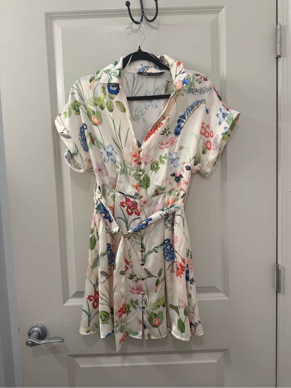 Zara Floral Button Tie Front Silk Floral Mini Dress
